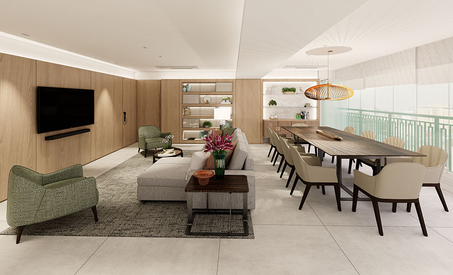 Render 3D do One Park Perdizes — sala integrada com sofá cinzento sob medida, poltronas verdes, estante em madeira com painéis brancos, iluminação embutida no forro, mesa de jantar com cadeiras — projeto Marília Veiga Interiores.