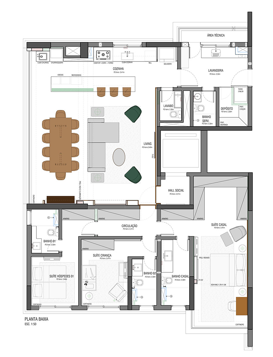 Planta do apartamento One Park Perdizes com layout aprovado pela Designer de Interiores Marília Veiga — integração sala-cozinha, dormitórios e suite master — projeto Marília Veiga Interiores.